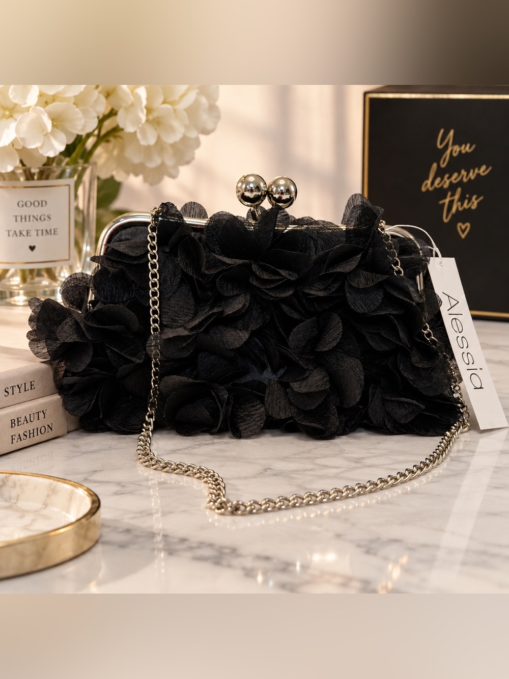 Alessia Black Floral Clutch Evening Bag Silver Chain Kiss Lock NWT